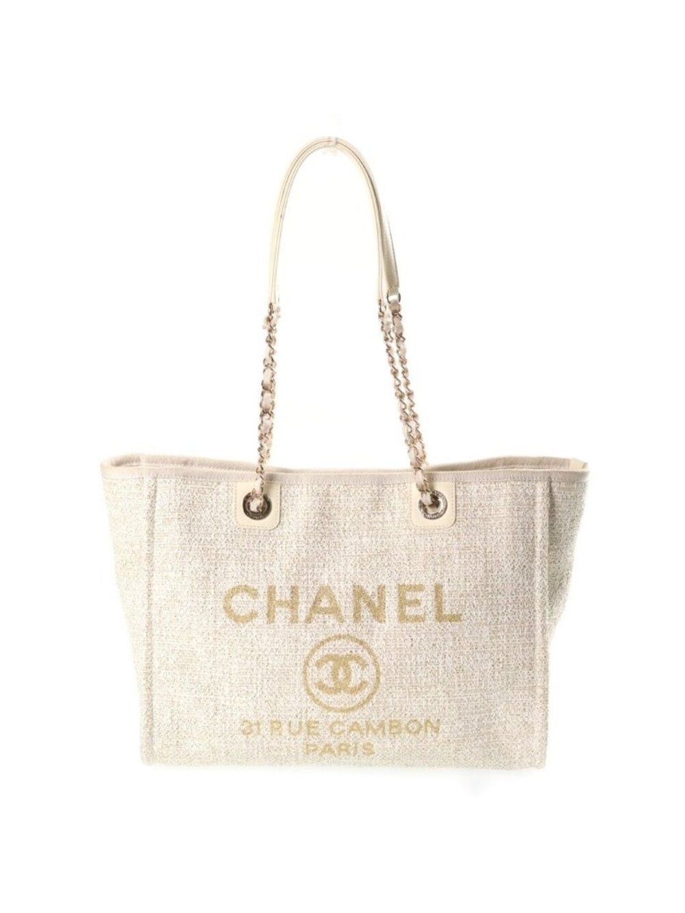 Chanel Deauville MM 2-Way Chain Shoulder Bag Tote Ivory Leather Canvas Gold
